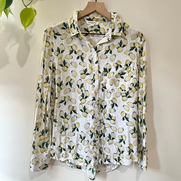 Beachlunchlounge Lemon Print Button-Up Blouse M White Long Sleeve Viscose Fruit - Picture 1 of 7